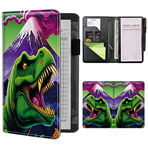 Server Books for Waitress Waiter with Zipper Pocket, Ancient Dinosaur Leather Server Pads Waitstaff Organizer Guest Check Presenters Server Wallet Money Holder Pouch Fit Apron