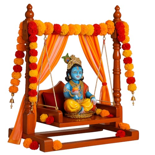 Image of Premium Polished Sheesham Wooden Laddu Gopal Jhula, Shri Krishna Swing Kanhaji, Thakurji, for Bal Gopal Idol, (Size:- 13 inchx12 inchx7 inch), Seat Size :- (8 inchx6 inch) 0 to 4 no Gopal ji.