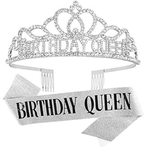 CAVETEE Silver Birthday Crowns for Women Birthday Queen Sash and Tiara for Women Silver Birthday Party Decorations for Women Birthday Sash and Crown for Women Cover