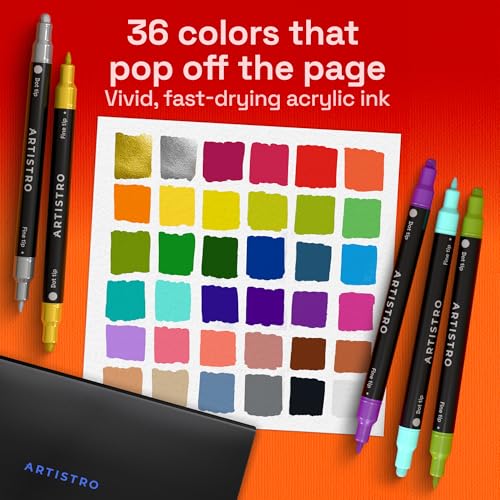 Image of ARTISTRO 36 Acrylic Paint Markers for Rock, Fabric, Wood, Glass, Eggs - Dual-Tip Paint Pens for Coloring Books for Adults, Teens, Kids - Art & Craft Supplies - Gift Idea - Easter Basket Stuffers