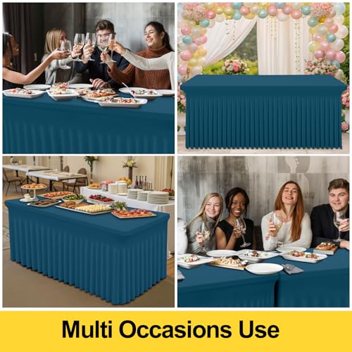 Image of Smiry Spandex Elastic Fitted Table Cloth Skirt for 8FT Rectangle Table | Stretch Washable Table Cloth, Banquet Table Cover for Wedding, Party, Indoor & Trade Shows, (Peacock Blue, 96Lx30Wx30H)