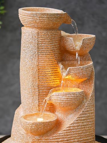 Image of CHRONIKLE Polyresin Sand Designer Table Top Indoor 5 Artistic Steps Waterfall Fountain with Yellow LED Lights & Water Flow Controller Pump (Size: 41 x 25 x 25 CM | Weight: 1980 gram | Color: Sand)