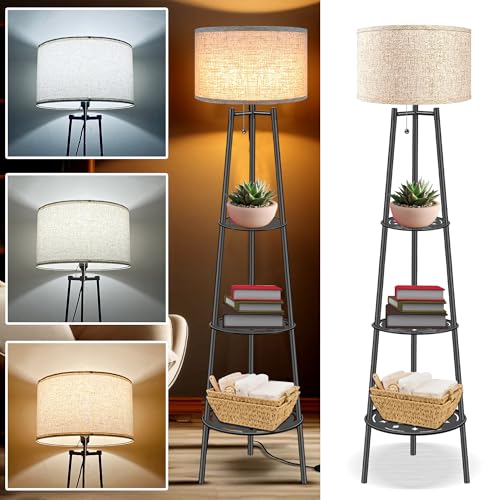 NEFELIBATE Floor Lamp with Shelves, Modern Standing Lamp with 3 Color Temperature LED Bulbs, Corner Floor Lamps for Living Room & Bedroom, Lamparas Elegantes para Sala (Beige Lampshade, 1)