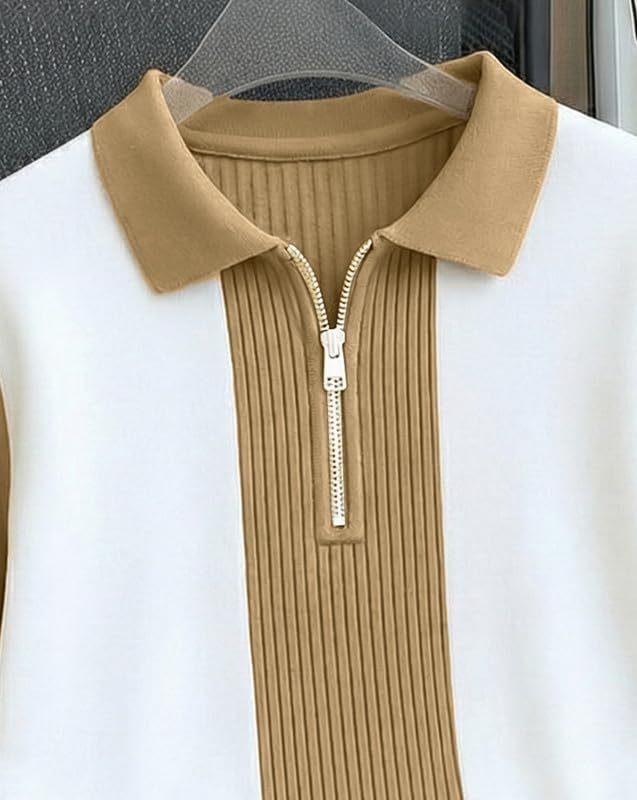 Image of AUSK Men's Textured Vertical Striped Knit Polo T-Shirt | Half Sleeve Zipper Neck Self-Design Casual Tee | Mens Tshirts