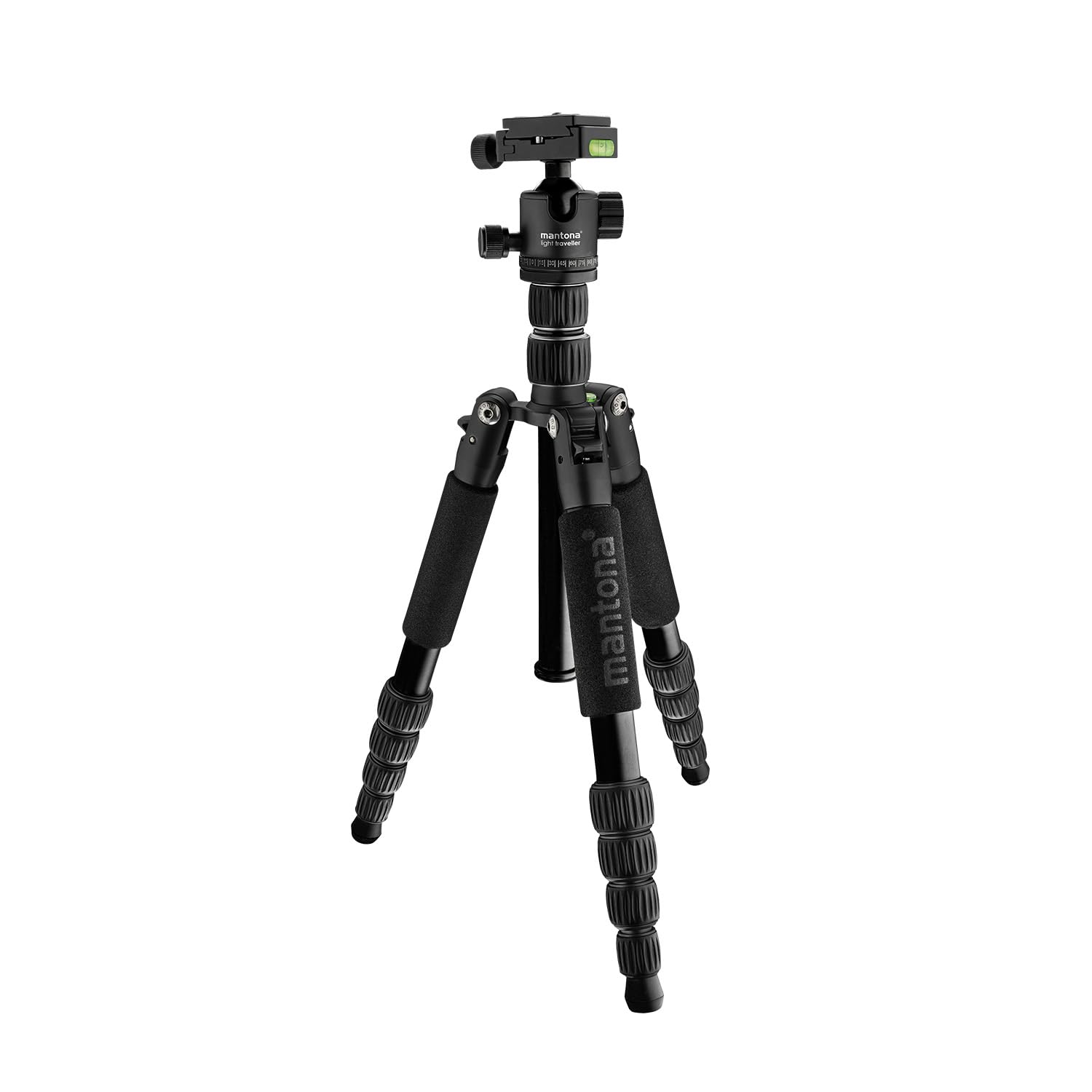 Mantona Light Traveller Reisestativ 131,5 cm schwarz, Kamerastativ aus Aluminium bis 5 kg Traglast, leichtes Fotostativ mit Kugelkopf und Arca-Swiss-Schnellwechselplatte, Tripod und Monopod