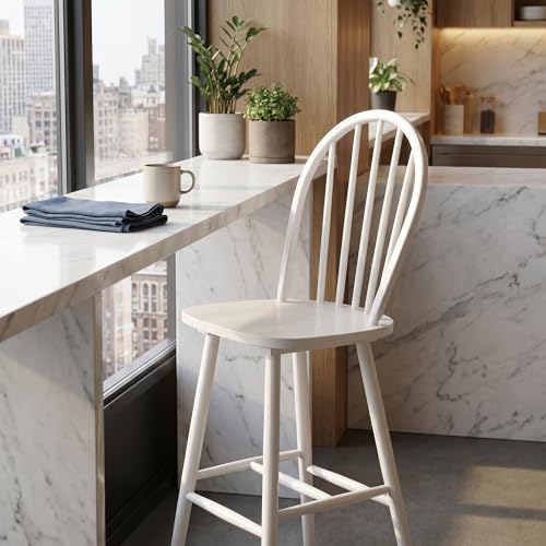 Set de 2 Butacos de Barra Windsor de Madera de 30", Blancos | Sillas de Barra de Madera con Respaldo de Espinilla, Asientos Cómodos para Bistro, Cocina y Comedor miniatura 3
