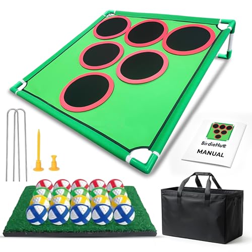 BirdieHutt Golf Pong Chipping Cornhole Game Set with Grass Mat, 20 Velcro Balls, Stakes & Carry Bag, Battle Golf Style Outdoor Putting Game for Backyard, Travel, or Party Play