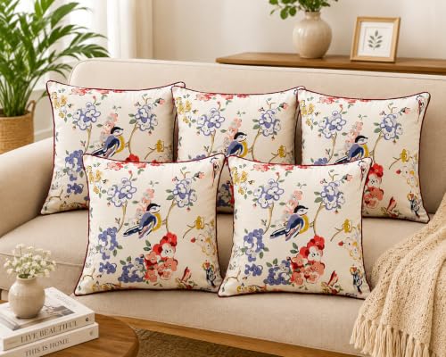 Image of Cotton Cushion Covers 16x16 Inch - Hand Block Floral Print Pillow Covers for Sofa, Couch & Bedroom (Pack of 5) (Grey White)