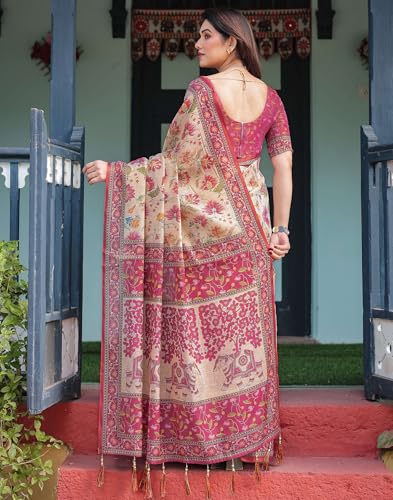 Image of SIRIL Women's Cotton Linen Printed Handloom Saree with Unstitched Blouse Piece