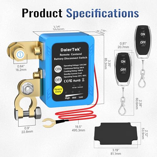 DaierTek Remote Battery Disconnect Switch 12V/24V 240A Kill Switch Automotive Cut Off Switches for Car Truck RV Boat Alternate view