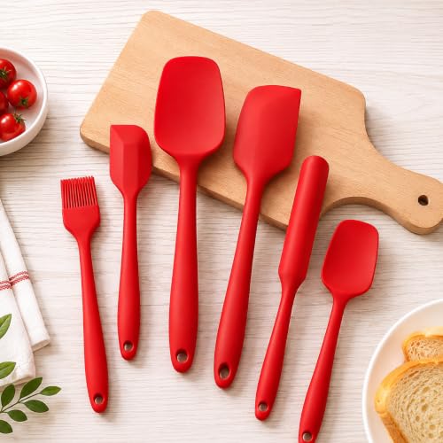 Image of Achintya 6-Piece Silicone Spatula Set | Heat Resistant Non-Stick Kitchen Utensils for Baking & Cooking | Flexible Rubber Scrapers, Basting Brush & Icing Spatulas for Mixing (Red)