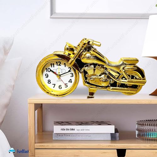 Image of FunBlast Alarm Plastic Clock for Heavy Sleepers Bike Shaped Retro, Stylish Analog Table /Desk Alarm Clock for Students, Table Clock for Bedroom, Living Room, Office, Return Gifts (Gold), 20*14 Cm