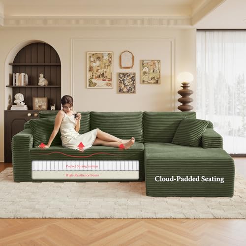 Image of 96 inch Sectional Couches for Living Room Cloud Couch Sofa with L-Shape Upholstered Boneless Couchs Modern Modular Sectional Couch with Chaise (Green, 95 inch W+Right Facing Chaise+2Seaters)