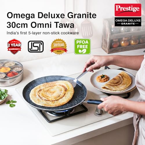 Prestige Omega Granite Non-Stick Dosa Tawa 30cm | 5-Layer Coating | Gas & Induction Compatible | PFOA Free | Metal Spoon Friendly | Sturdy Handle |... - Image 3