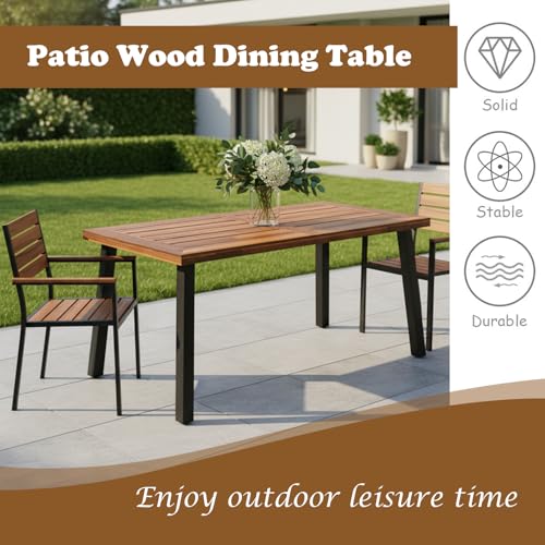 Image of Giantex Patio Dining Table with Umbrella Hole, Outdoor Picnic Table for Backyard, Garden, Lawn, Farmhouse, Acacia Wood Rectangular Table with Metal Legs, Rustic Brown