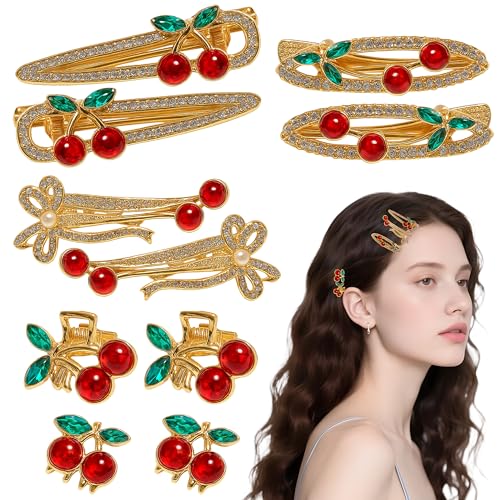 10PCS Crystal Cherry Hair Clips – Sparkling Rhinestone Fruit Barrettes, Cute Retro Hairpins for Women Girls, Cherry Blossom Hair Accessories for Party, Prom & Wedding Styling