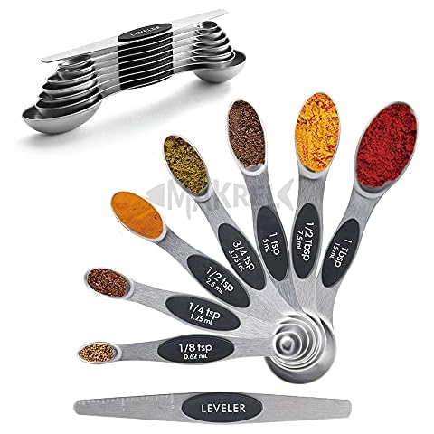 MAKREL® 8 Piece Magnetic Stackable Measuring Spoon Set Stainless Steel Dual Sided Teaspoons and Tablespoons for Dry and Liquid Ingredients Cover