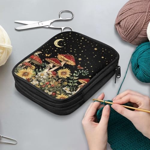 Image of Mushroom Crochet Hook Case with Web Pockets Floral Crochet Storage Organizer with Web Pockets Knitting Needle Case for Hooks, Knitting Needles Supplies