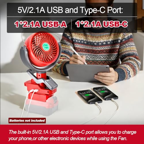Wexibryndl Cordless Clip-on Fan Compatible with Craftsman V20 Battery(TOOL ONLY), Camping, Outdoor, Job Site & Bedroom, 2-Speed, 270° & 300° Rotation, Dual USB Charging Ports (USB-A & USB-C) — view 3