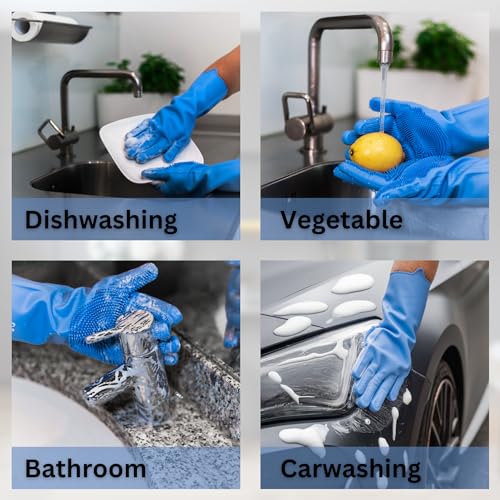 Image of Dog Washing Gloves with Bristle Scrubbers, Reusable Silicone Gloves Ideal for Pet Bathing, Massaging & Grooming (Blue)