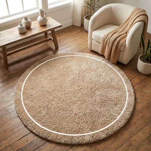 Image of Shaggy Polyester Microfiber Round Rug Carpet for Living Room | Ultra Soft Fluffy Plush Area Rug | Anti-Skid Non-Slip Backing | Washable Carpet for Bedroom- (5x5 feet, Ring Beige, Round)