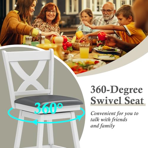 Image of Swivel Bar Stools Set of 2, Farmhouse 30 inch Counter Height Barstools with X Carved Backs, Wooden Bar Chair with Solid Wood Legs & Footrest for Kitchen Island, Home Bar, Pub. Pure White