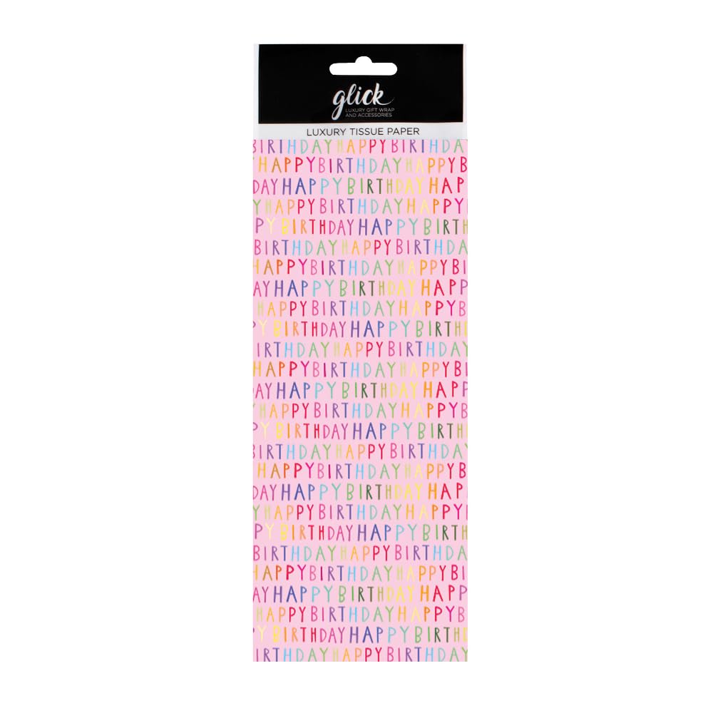 Glick Four Sheets of Luxury Pink Happy Birthday Tissue Paper for Gift Wrapping. Each Sheet When Opened 750 x 500 mm