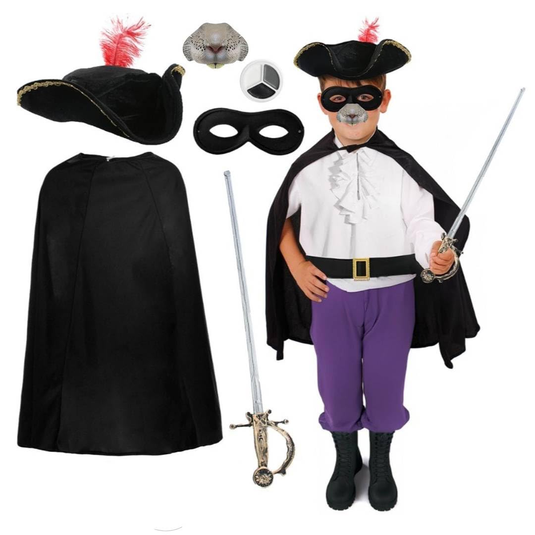 Highway Man Childrens Costume With Black Cape And Sword + Black White And Grey Facepaint Kids Fancy Dress Wbd World Book Day Kit 4Pc Set And Kit