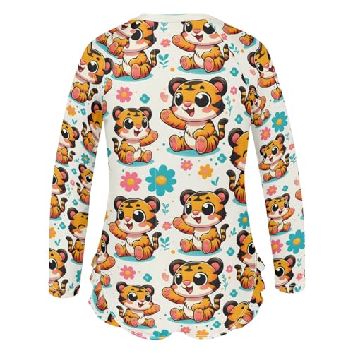 Cute Cartoon Tigers Girls Long Sleeve Swimsuit Rash Guard One Piece Bathing Suits Zipper 3-12T3