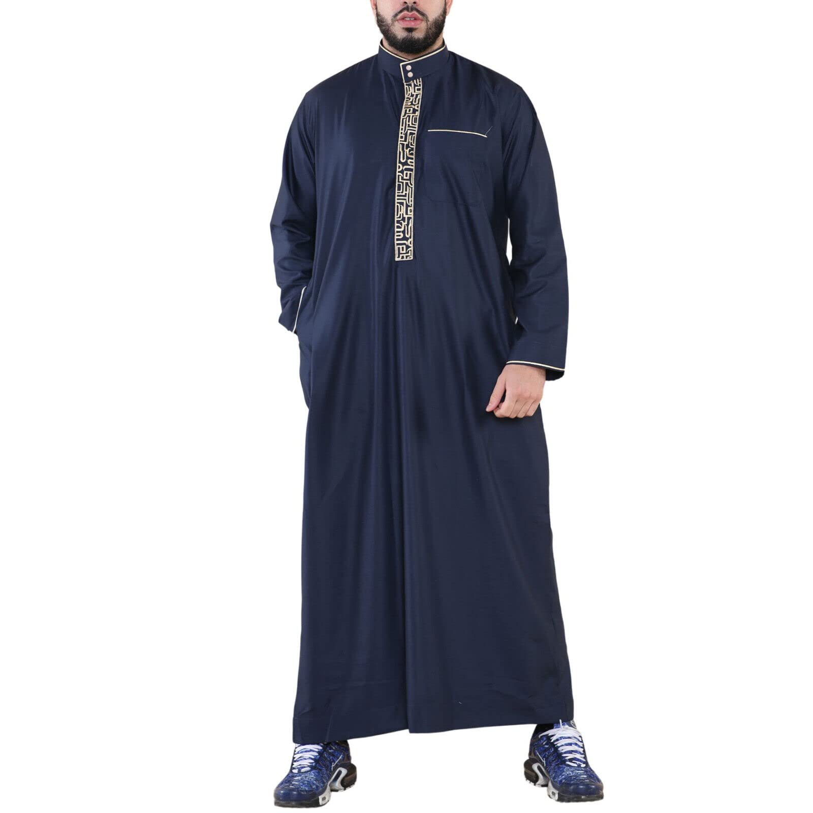Infinity Leather Mens Thobe Jubba Emirati Islamic Arabic Eid Embroidery Kaftan Jubbah Robe Navy Blue