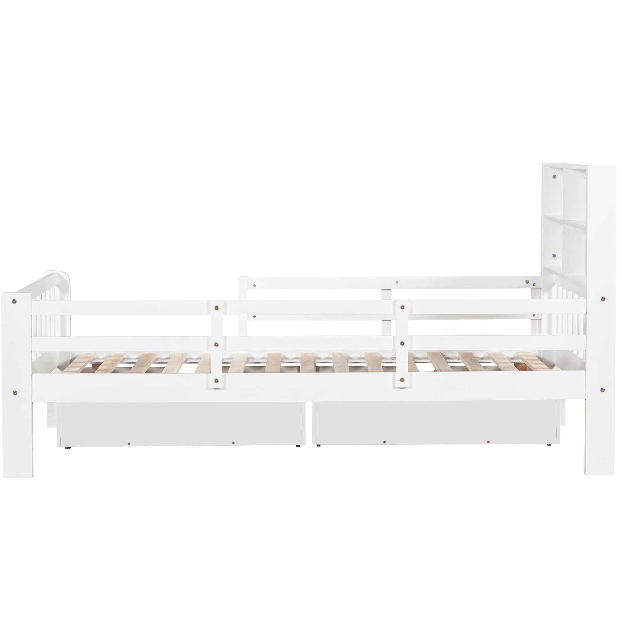 Azkoeesy Letto singolo per bambini con cassetti e ripiani contenitore, 90x200 cm, con protezione anticaduta e lavagna, Legno di pino, bianco