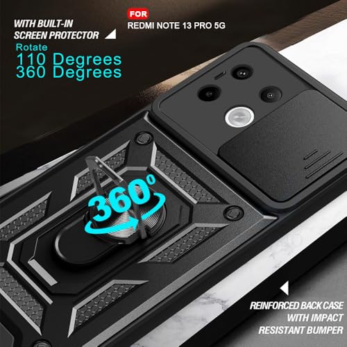 Image of AESTMO Tough Armor Redmi Note 13 Pro 5G Bumper Back Case Cover | Ring Holder & Sliding Camera Shield Cover | 360 Degree Protection Back Case Cover for Redmi Note 13 Pro 5G (Black)