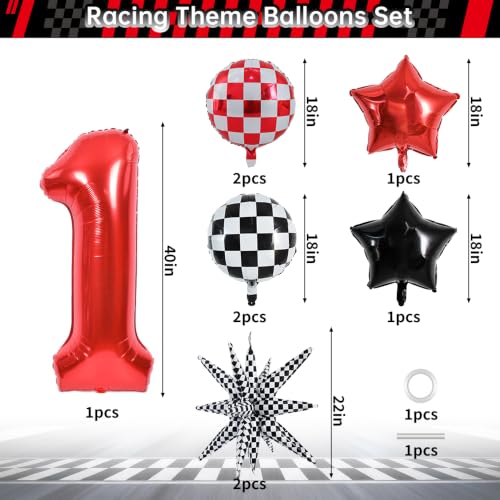 Image of TONIFUL Race Car Party Balloons Set - 40 Inch Red Number 1 Foil Balloon with Checkered Round, Explosion Star & Star Balloons for Boys 1st Birthday Car Themed Decorations, Photo Backdrop Supplies