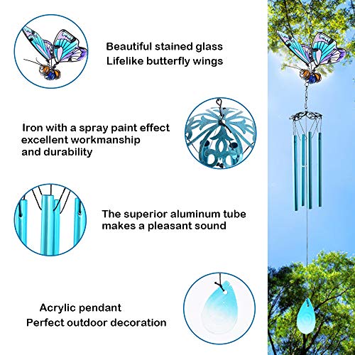 Butterfly Wind Chimes, Aveki 27.5''H Iron Stained Glass Butterfly Wind Chimes Gifts For Mom Outdoor/Indoor Wind Chimes For Home, Garden, Window, Yard, Patio, Lawn Decoration (Blue) #TOP4