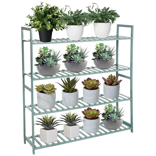 Image of Naayaab Craft Bamboo 4 Tier Plant Shelf Rack, Multi Functional Flower Pot Organizer, Plant Display Stand for Balcony, Living Room & Garden - (Green, 100 x 25 x 100cm)