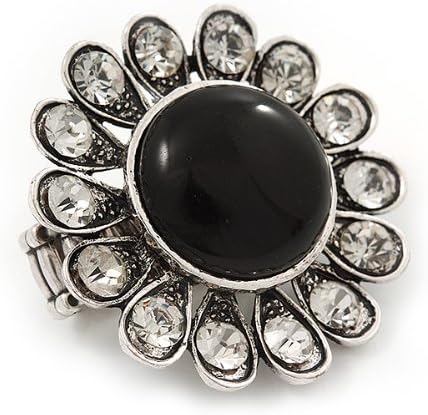 Avalaya 'Diva Blossom' Crystal and Ceramic Flower Ring (Silver Tone) - Adjustable size 7/8, black, silver, white / ivory - Image 4