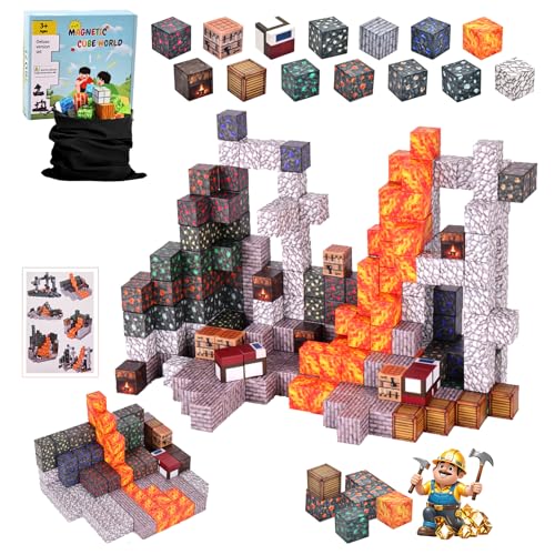 gyttoping Magnetic Blocks, 128PCS Build Cave Magnet World Set, Magnetic Toys for Boys & Girls Age 3-5, 4-8, 8-12, STEM Sensory Building Gifts Toys for Kids for 3+