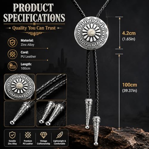 Image of Turquoise Bolo Tie for Men, Leather Braided Necktie Western Cowboy Bola Tie Costume Accessories for Men Women