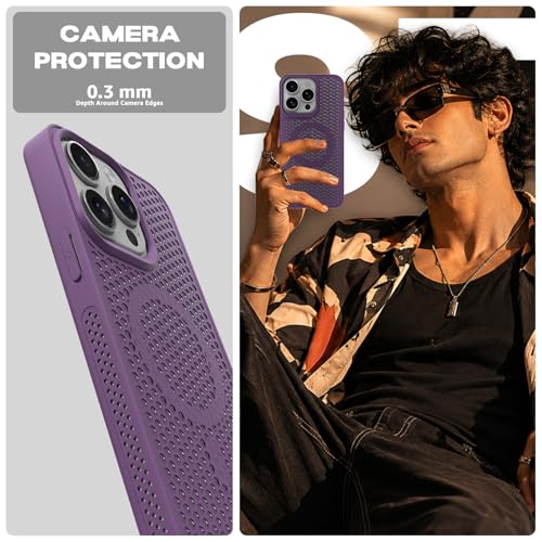 Image of Outlouders Back Cover for iPhone 15 Pro Max | Honeycomb Cooling Design | Silicone Heat Dissipation | Mag-Safe Compatible | Shockproof Camera Protection Bumper Case (Purple Mag-Safe)