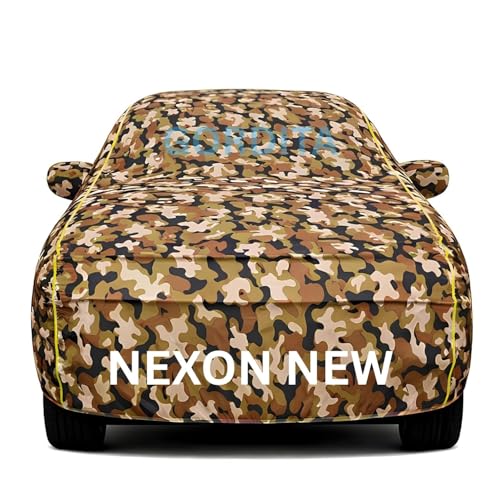 Image of Waterproof Car Body Cover for Nexon New All Weather Protection Comes with Inner Cotton Lining & Triple Stitched with Mirror & Antenna Pocket Belt & Elastic Fit Army with Yellow Piping2