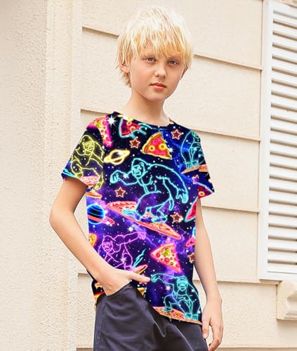 Image of uideazone Neon Space Tshirts for Boys Kids 10T Summer Short Sleeve T-Shirt 3D Print Pizza Gprillas Graphic Tee Shirts 9-12 Years