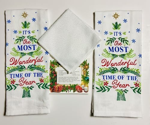 2 Piece Holiday Style Christmas Kitchen Towel Set with Christmas Recipe. (It's The Most Wonderful Time of The Year) Set has 2 Towels and 1 Dish Cloth
