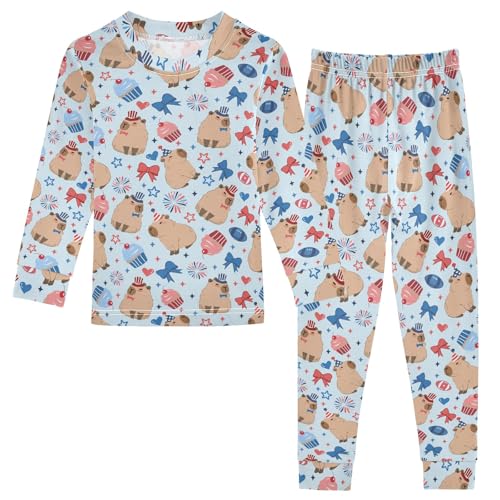 Funny Capybara Colorful Stars Cute Pajama Sets Long Sleeve Top and Pants, Snug Fit Sleepwear for Night Wears