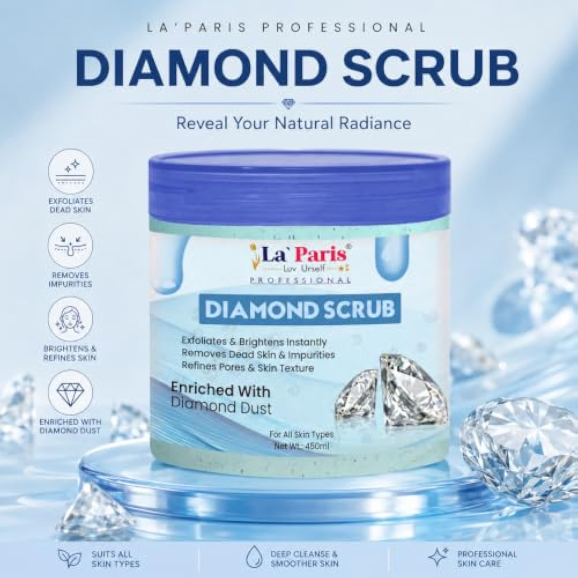 Diamond Face & Body Scrub for Spot Removal, Anti-Ageing & Brightening, 450ml