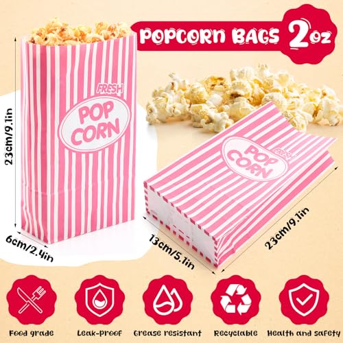 Image of Potchen 200 Pcs Paper Popcorn Bags Bulk 2 oz Large Individual Serving Popcorn Bag Flat Bottom Disposable Container Vintage for Movie Night Themed Summer Back to School Party Carnival (Pink)