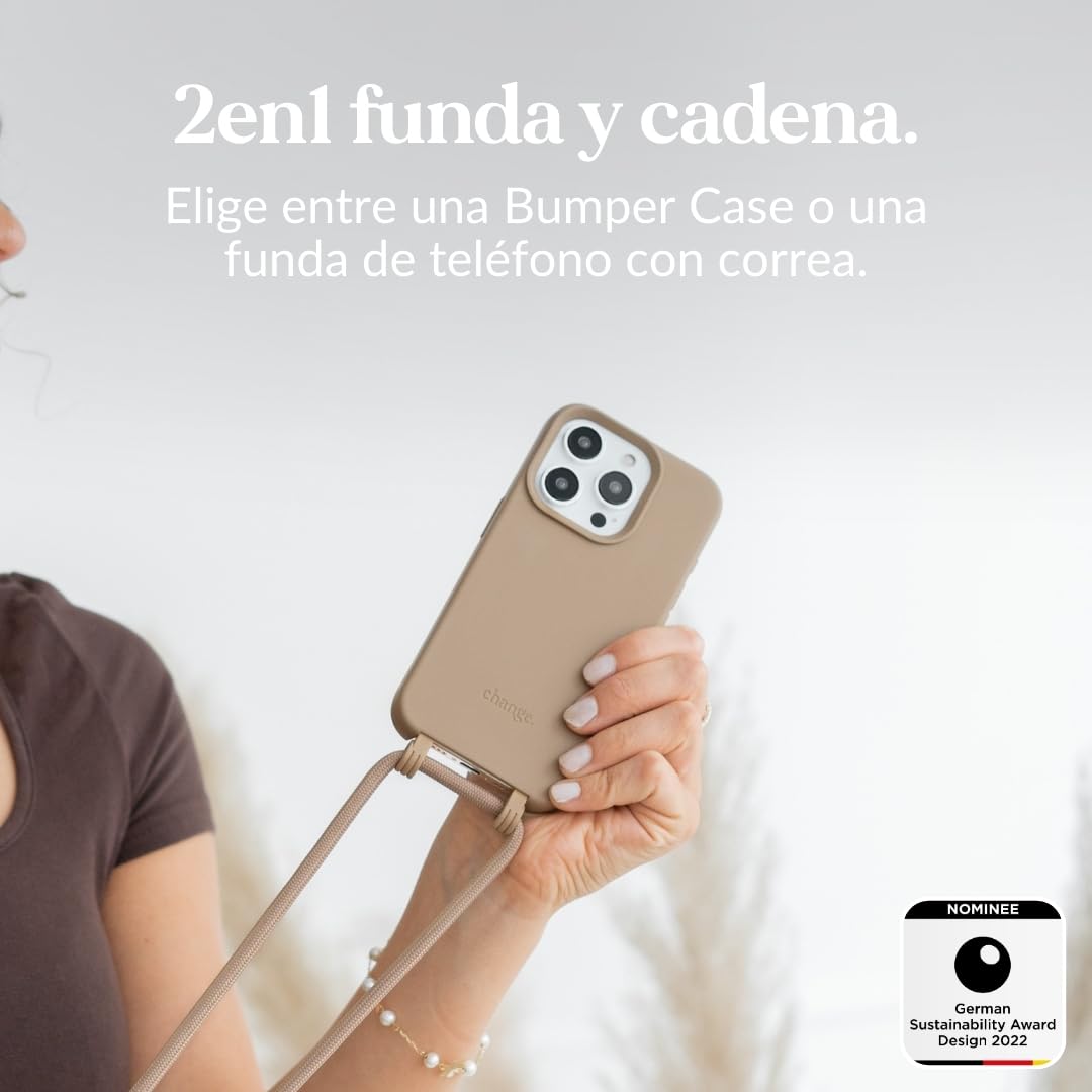 Woodcessories - Funda de Cambio, Cadena de Teléfono Móvil Sostenible Desmontable Compatible con iPhone 16 Pro MAX Funda con Correa Taupe - Biodegradable