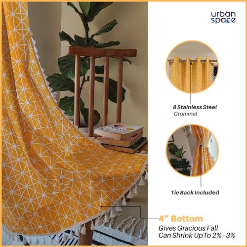 Image of Urban Space Boho Curtains for Long Door, 100% Cotton Curtain 8 Feet Long, Bohemian Curtains with Tassels, 60-65% Room Darkening Decorative Curtain Set of 1 (Yellow, Door 8 Feet)