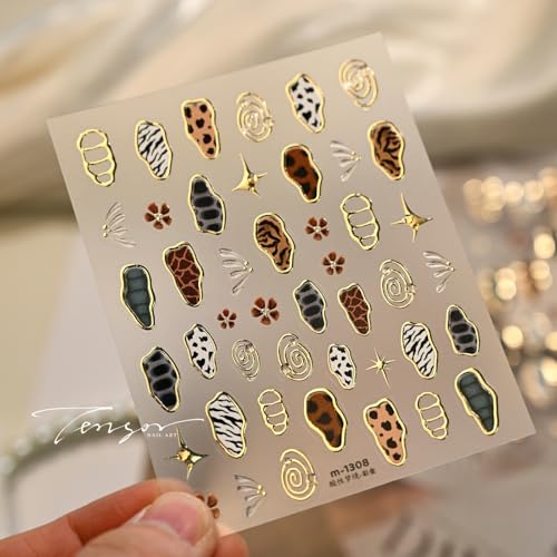 Image of Leopard Print Nail Stickers Retro Nail Art Stickers with Gold Line Design Nail Decal 5D Embossed Self Adhesive Nails Charms Supply for Women Girl DIY Manicure Decoration Accessories