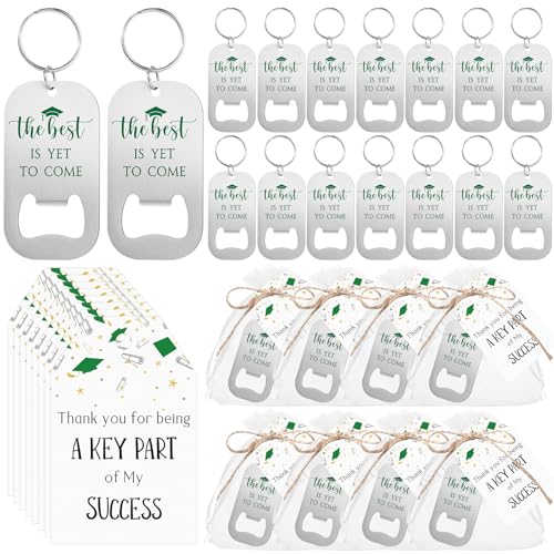 Vesici 30 Sets 2025 Graduation Party Favors for Guests Beer Bottle Opener Keychains Bulk Class of 2025 The Best is Yet to Come Keychains with Thank You Cards Organza Bags Ceremony Gifts (Green)