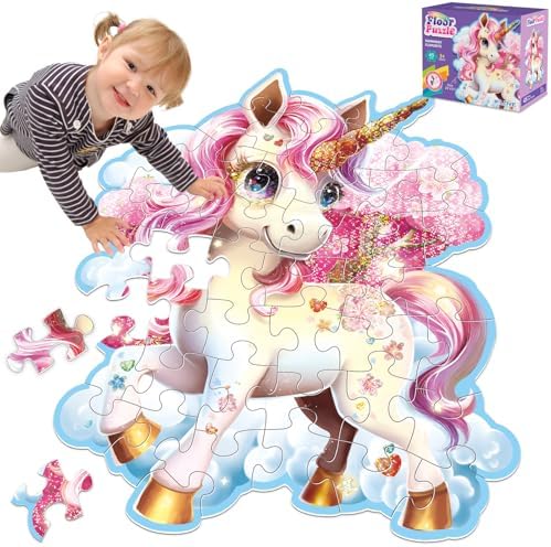 45pcs Shimmery Unicorn Floor Puzzles for Kids Ages 3-5, Jumbo Jig...
